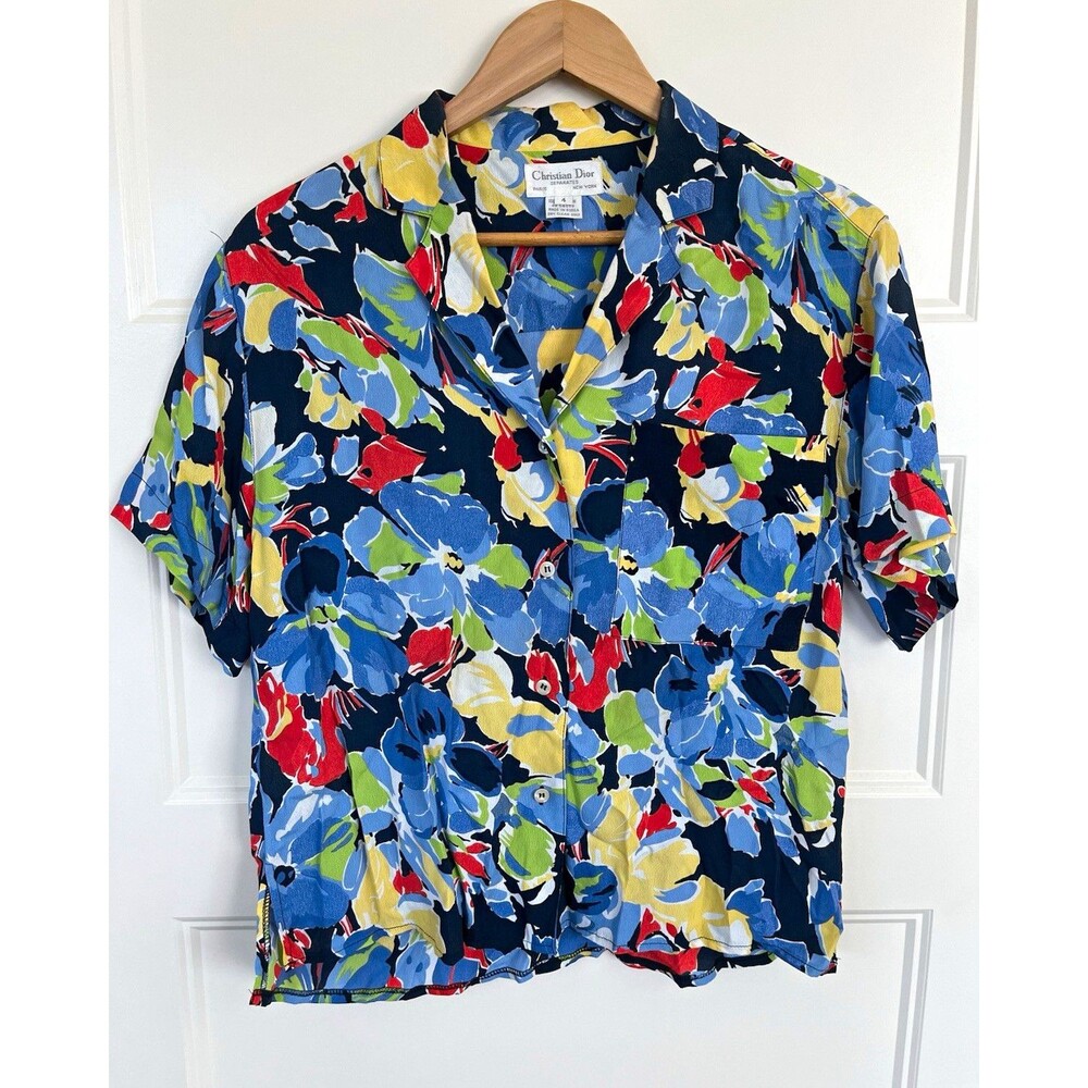 VTG Christian Dior Petite Blue Yellow Watercolor Abstract Floral 2 Piece Set 80s